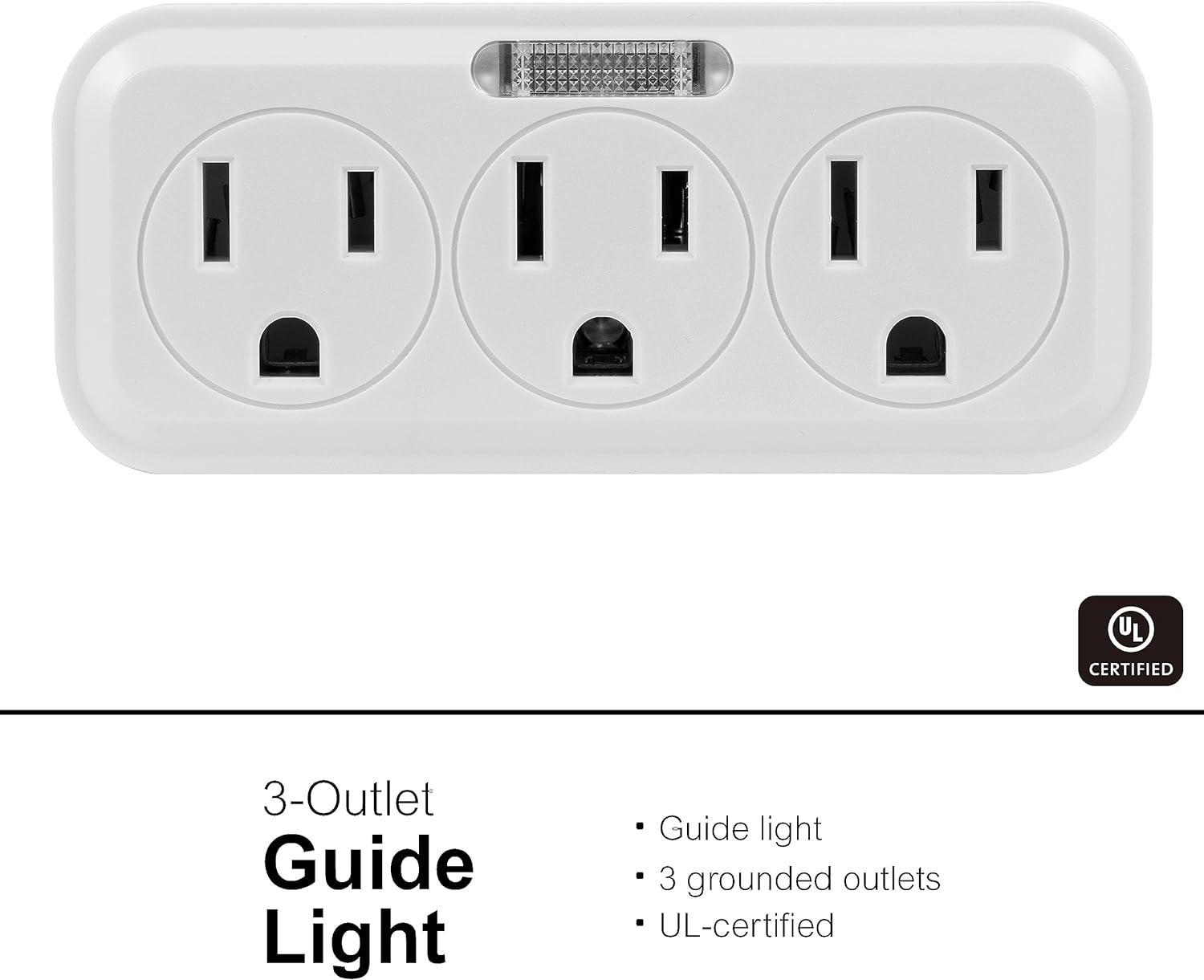 imageGE 3Outlet Extender Wall Tap with Guide Light Grounded Adapter 3Prong Cruise Essentials Indoor Rated Use for Home Office School Dorm UL Listed White 144941 Pack
