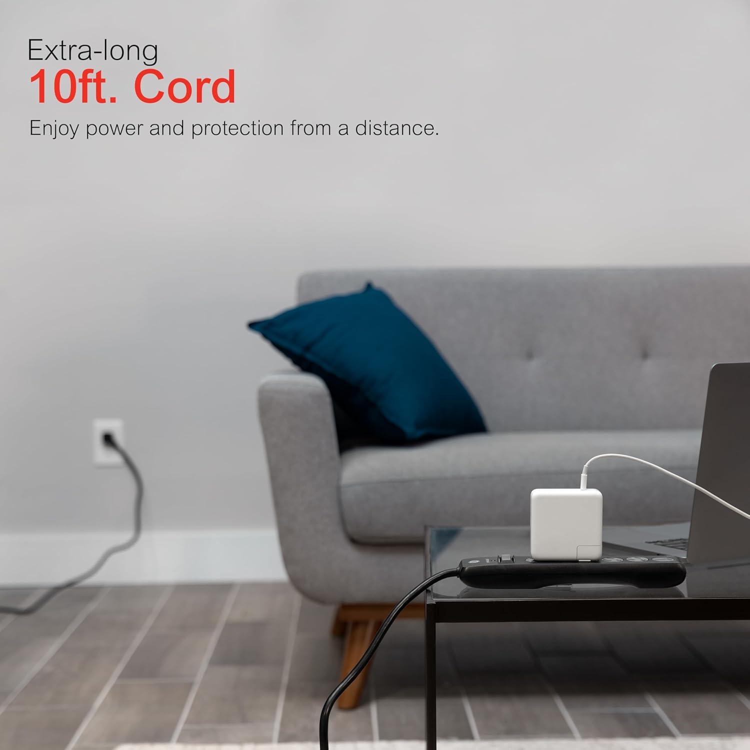 imageGE 6Outlet Surge Protector 10 Ft Extension Cord Power Strip 800 Joules Flat Plug TwisttoClose Safety Covers ETL Listed White 14092Black