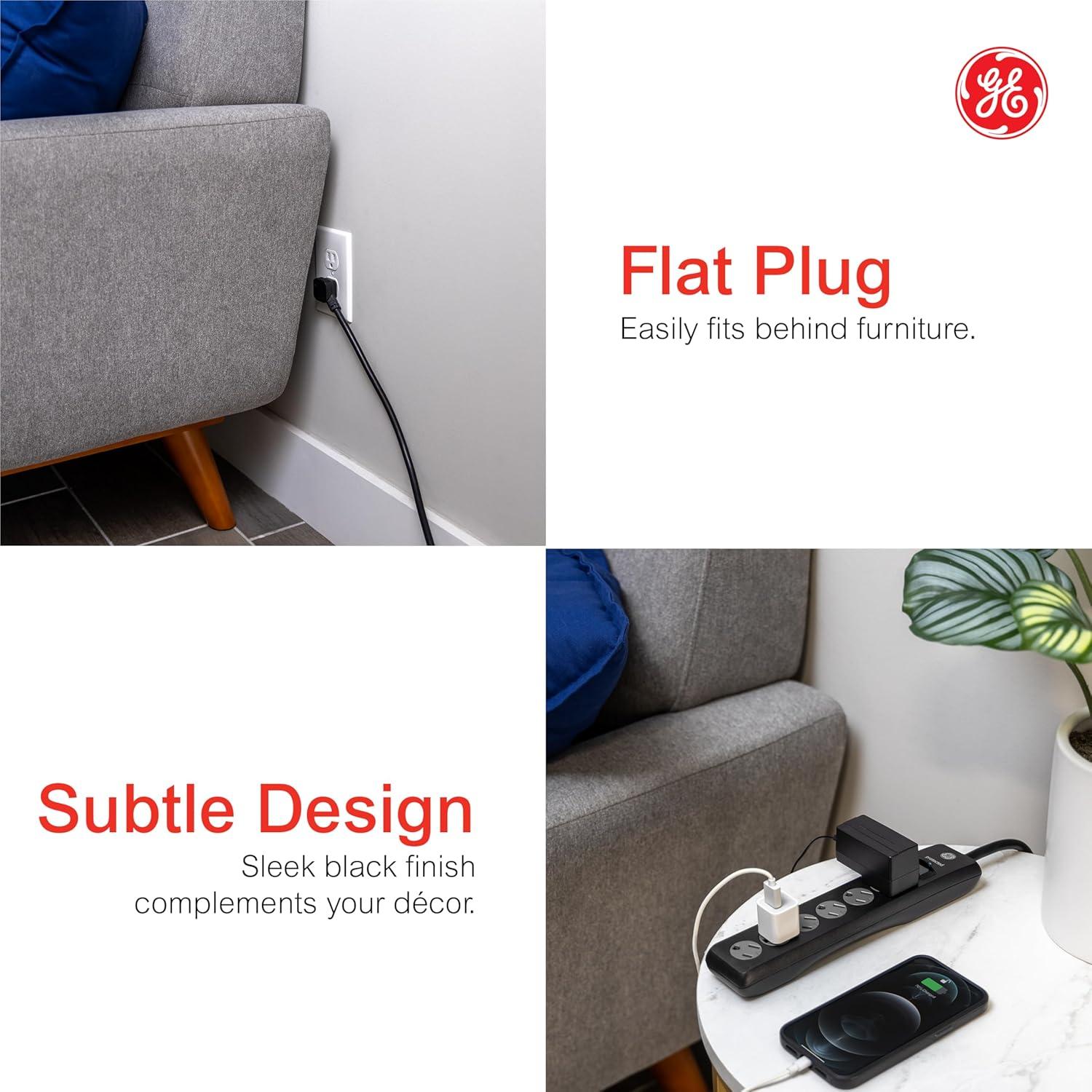 imageGE 6Outlet Surge Protector 10 Ft Extension Cord Power Strip 800 Joules Flat Plug TwisttoClose Safety Covers ETL Listed White 14092Black
