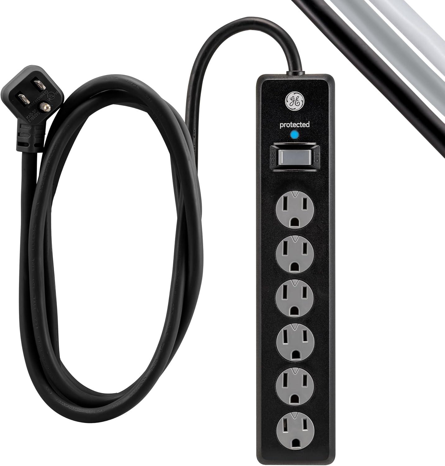 imageGE 6Outlet Surge Protector 10 Ft Extension Cord Power Strip 800 Joules Flat Plug TwisttoClose Safety Covers ETL Listed White 14092Black