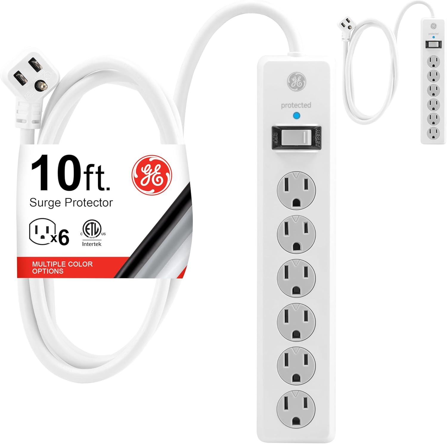 imageGE 6Outlet Surge Protector 10 Ft Extension Cord Power Strip 800 Joules Flat Plug TwisttoClose Safety Covers ETL Listed White 14092White