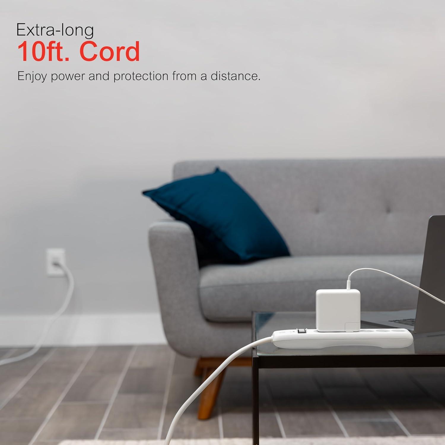 imageGE 6Outlet Surge Protector 10 Ft Extension Cord Power Strip 800 Joules Flat Plug TwisttoClose Safety Covers ETL Listed White 14092White