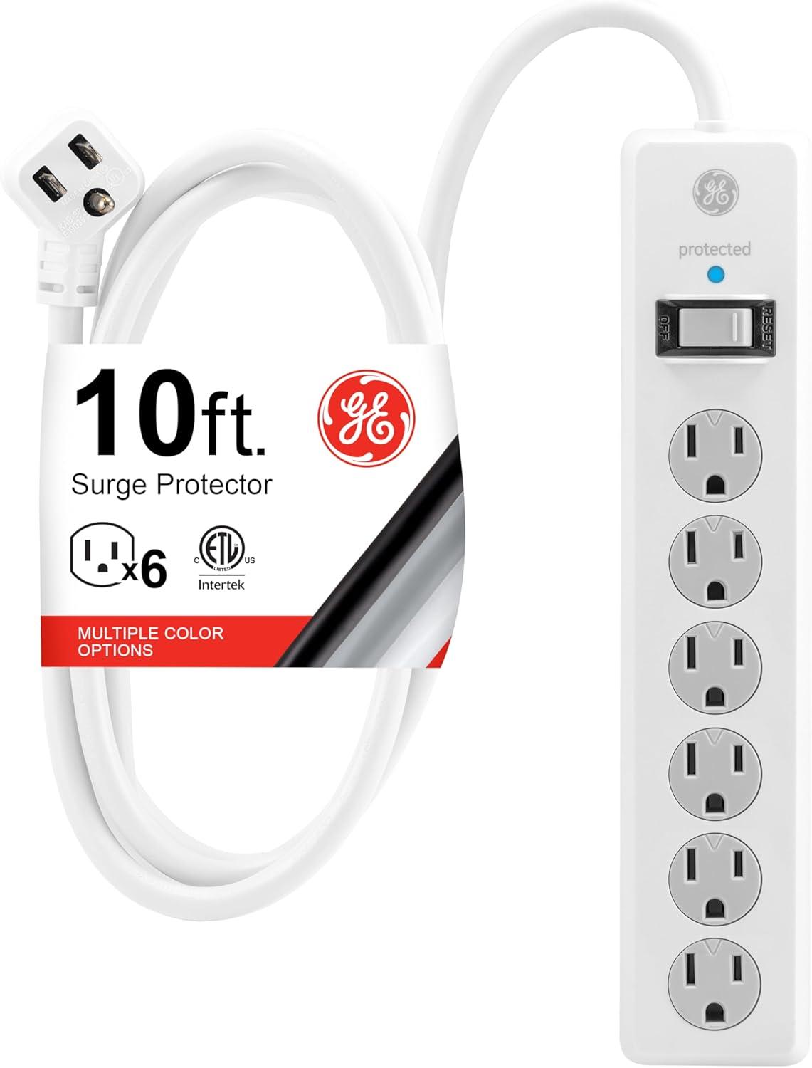 imageGE 6Outlet Surge Protector 10 Ft Extension Cord Power Strip 800 Joules Flat Plug TwisttoClose Safety Covers ETL Listed White 14092White
