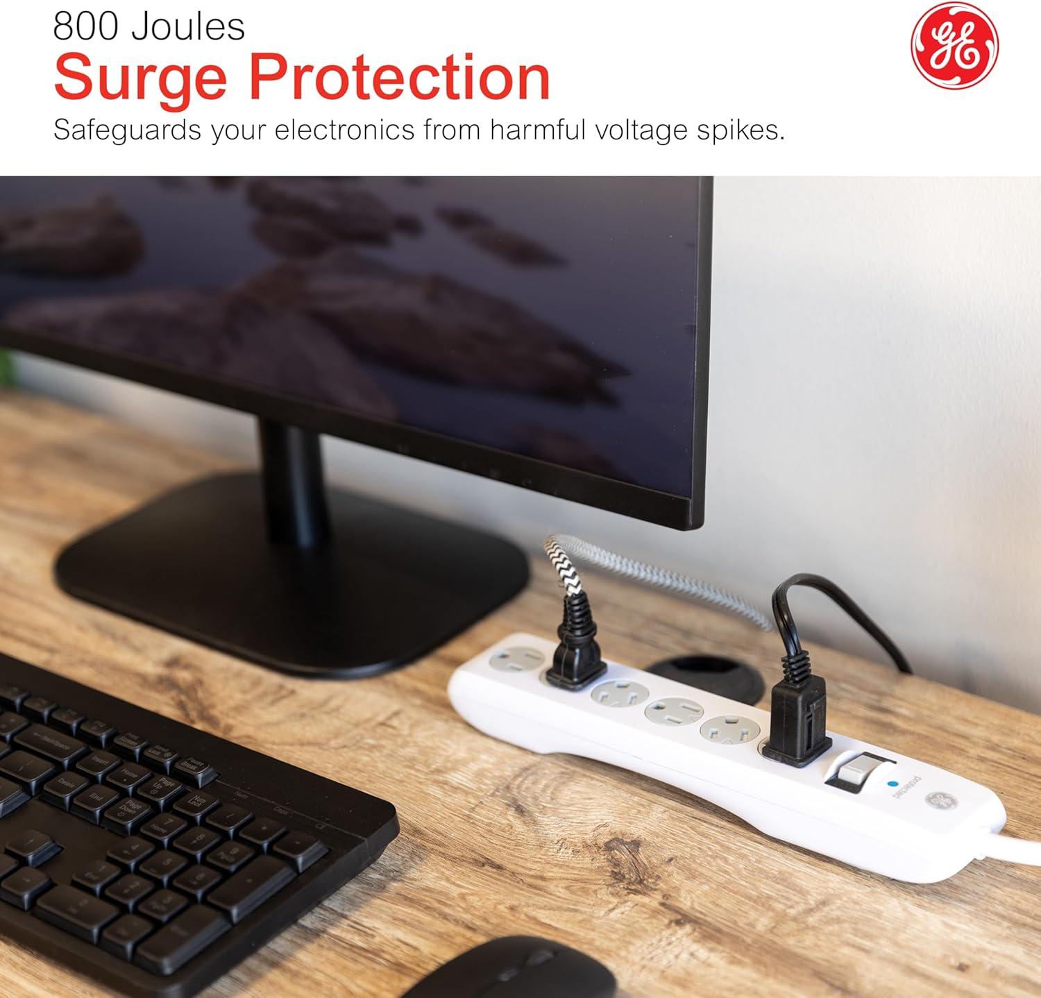 imageGE 6Outlet Surge Protector 10 Ft Extension Cord Power Strip 800 Joules Flat Plug TwisttoClose Safety Covers ETL Listed White 14092White