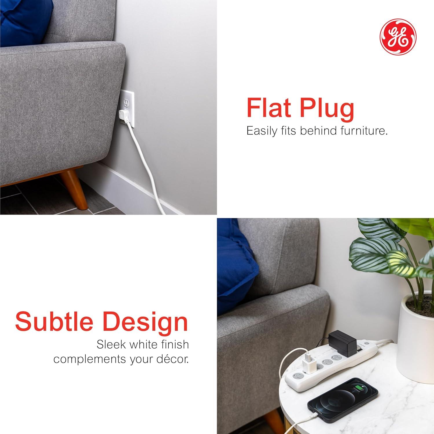 imageGE 6Outlet Surge Protector 10 Ft Extension Cord Power Strip 800 Joules Flat Plug TwisttoClose Safety Covers ETL Listed White 14092White