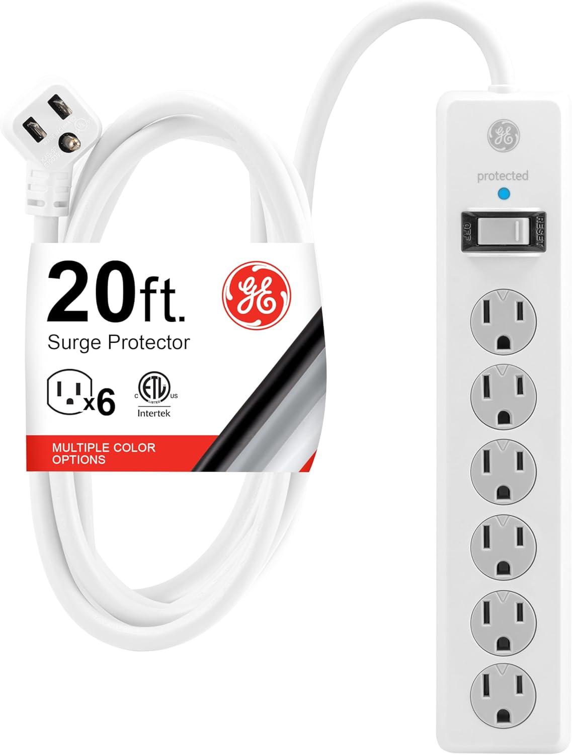 imageGE 6Outlet Surge Protector 10 Ft Extension Cord Power Strip 800 Joules Flat Plug TwisttoClose Safety Covers ETL Listed White 14092White