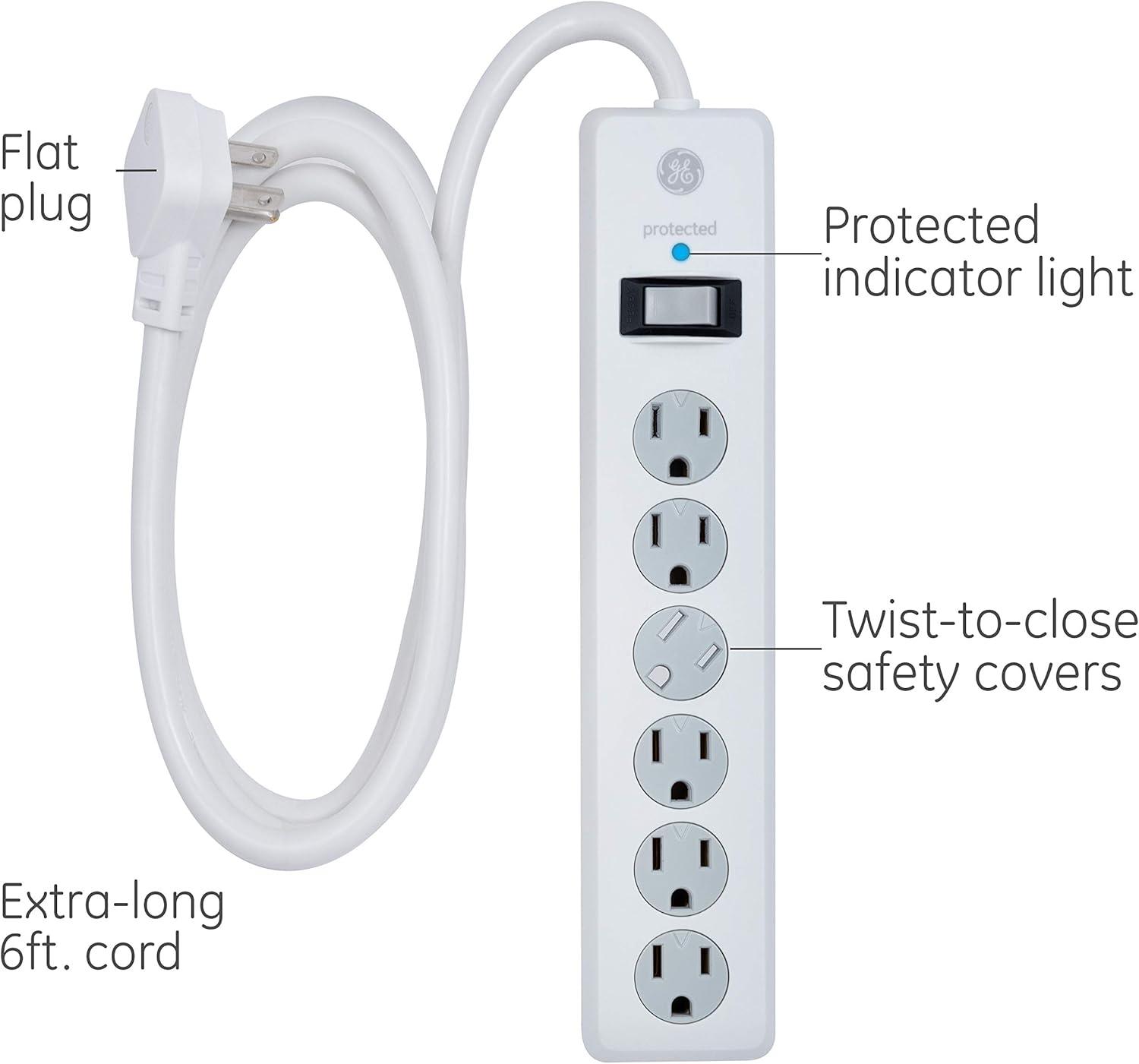 imageGE 6Outlet Surge Protector 10 Ft Extension Cord Power Strip 800 Joules Flat Plug TwisttoClose Safety Covers ETL Listed White 14092White
