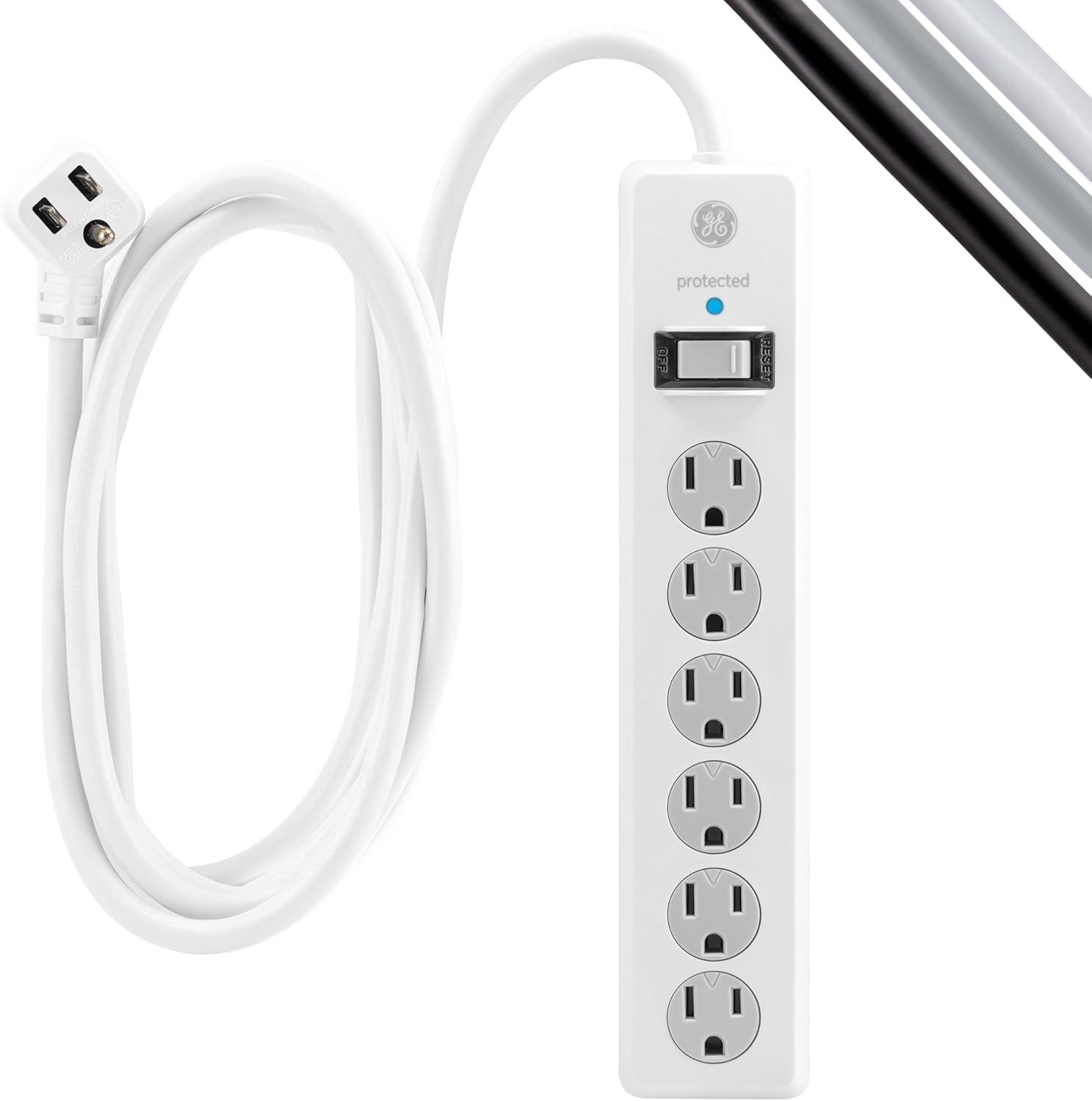 imageGE 6Outlet Surge Protector 10 Ft Extension Cord Power Strip 800 Joules Flat Plug TwisttoClose Safety Covers ETL Listed White 14092White