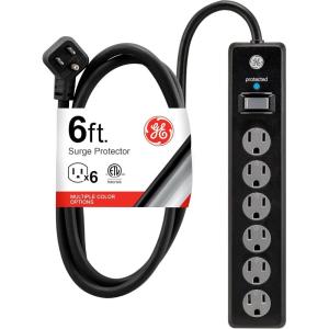 imageGE 6Outlet Surge Protector 10 Ft Extension Cord Power Strip 800 Joules Flat Plug TwisttoClose Safety Covers ETL Listed White 14092Black