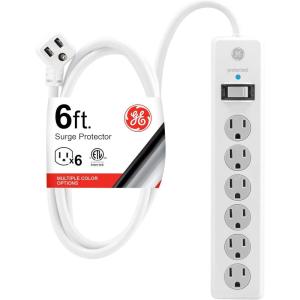 imageGE 6Outlet Surge Protector 10 Ft Extension Cord Power Strip 800 Joules Flat Plug TwisttoClose Safety Covers ETL Listed White 14092White