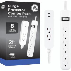 imageGE 3Outlet Power Strip Extension Cord with Multiple Outlets 6 Inch Braided Short Cord Extension Cord Grounded Flat Plug Extension Cord ETL Listed White 451902 Ft Combo Pack