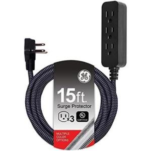 imageGE 3Outlet Power Strip Surge Protector 15 Ft Braided Long Cord Extension Cord Surge Protector Power Strip Flat Plug Extension Cord 250 Joules UL Listed Black 44237 Pack of 8
