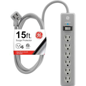 imageGE 6Outlet Surge Protector 4 Ft Extension Cord Power Strip 800 Joules Flat Plug TwisttoClose Safety Covers Protected Indicator Light ETL Listed White 33658Gray