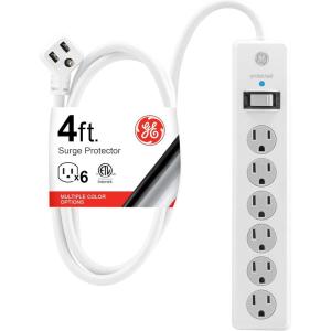 imageGE 6Outlet Surge Protector 4 Ft Extension Cord Power Strip 800 Joules Flat Plug TwisttoClose Safety Covers Protected Indicator Light ETL Listed White 33658White